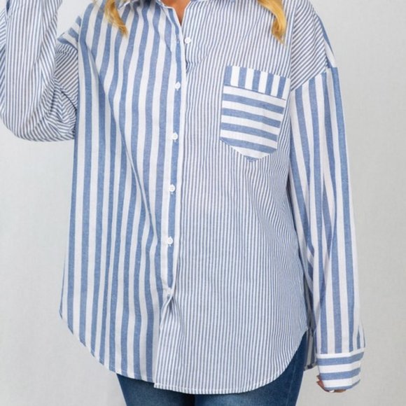 new WHITE BIRCH WOVEN BUTTON DOWN SHIRT BLOUSE western boho stripe blue SM-4X - Picture 3 of 8